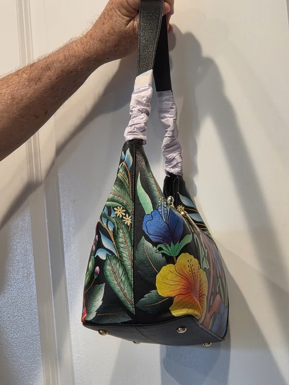 Anuschka Hand Painted Leather Satchel Shoulder Bag Flamingo - Picture 3 of 8